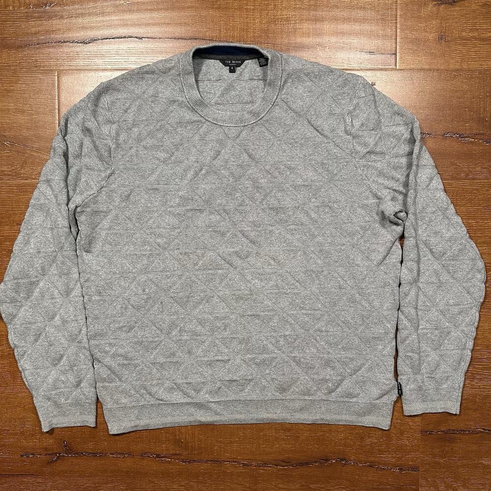 Ted Baker Sweater Men XL Gray Crew Neck Pullover Sweater Diamond Stitch Designer